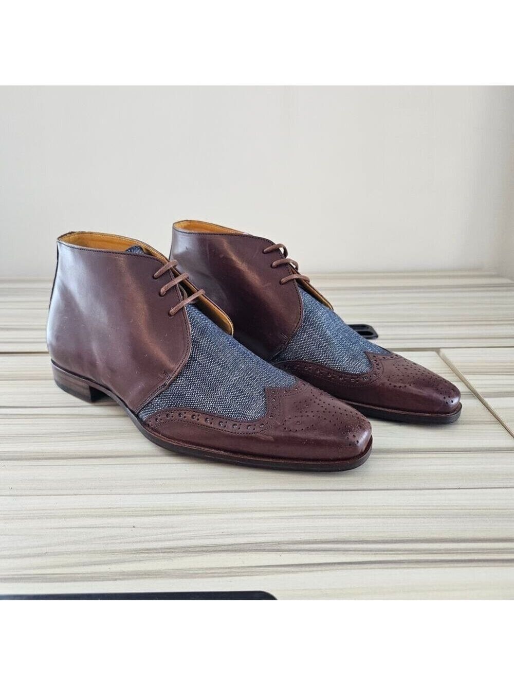 Undandy Men's Brown Denim Chukka Ankle Lace up Leather Boots Size 38
